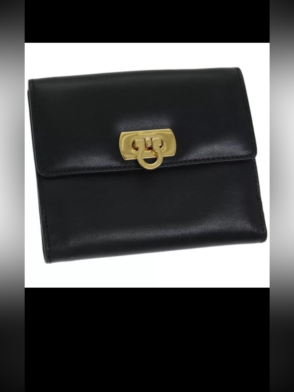 Salvatore Ferragamo Authentic Black Gancini Bifold Wallet W/Change Purse Italy